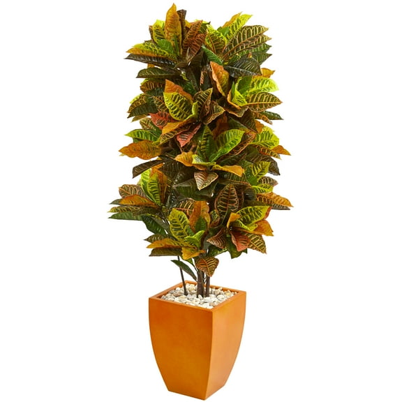Nearly Natural 5.5ft. Croton Artificial Plant in Orange Planter (Real Touch), Green