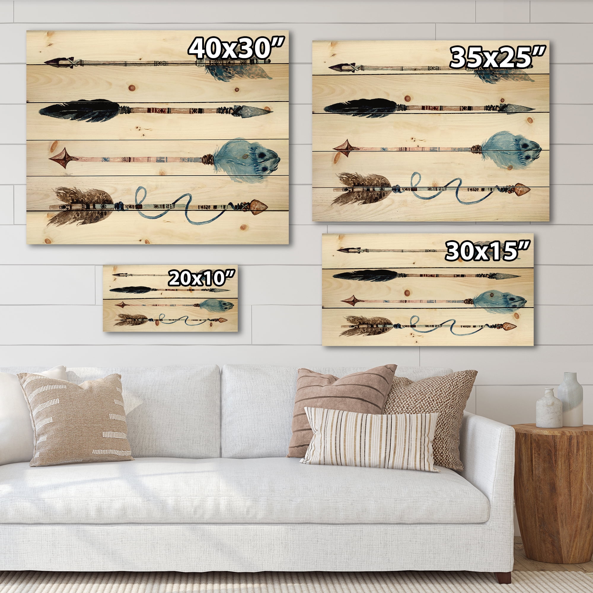 Designart 'Flowers and Ethnic Feathers On Native Arrows IV' Bohemian & Eclectic Print on Natural Pine Wood