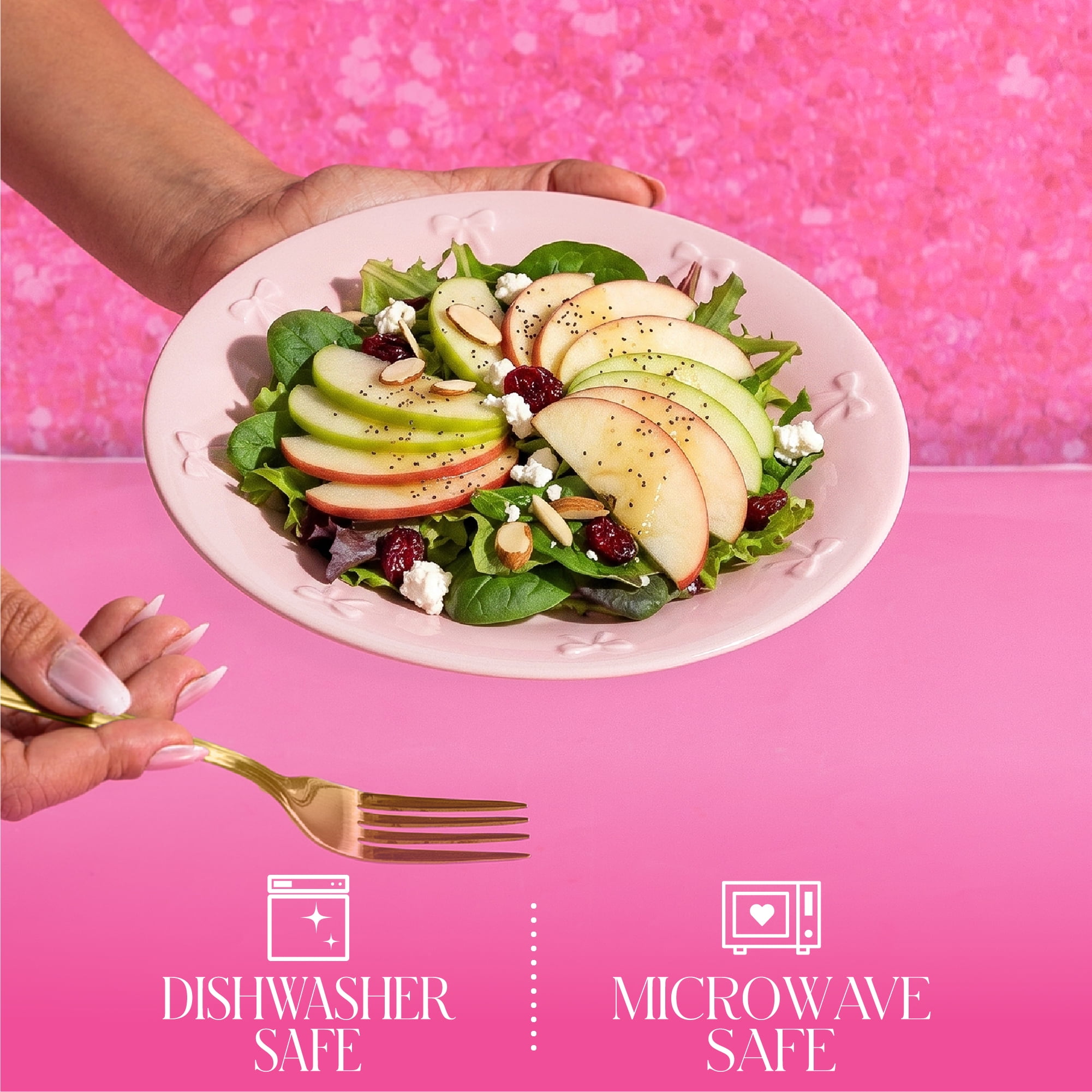 Paris Hilton London Collection Stoneware Salad Plates, Set of 4, Embossed Bow Detailing, 8.5-Inch, Pink