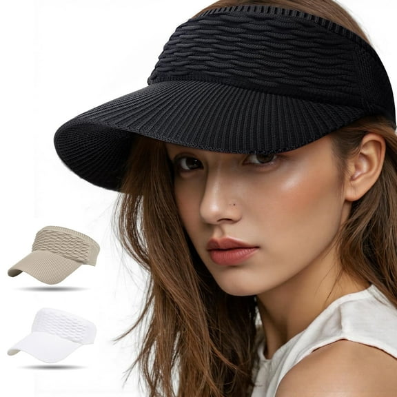 JSEMOY Sun Visor Hats, 3Pcs-Wide Brim Sun Hats with UV Protection, Knitted Running Visors for Women - Ponytail Friendly, Black white khaki