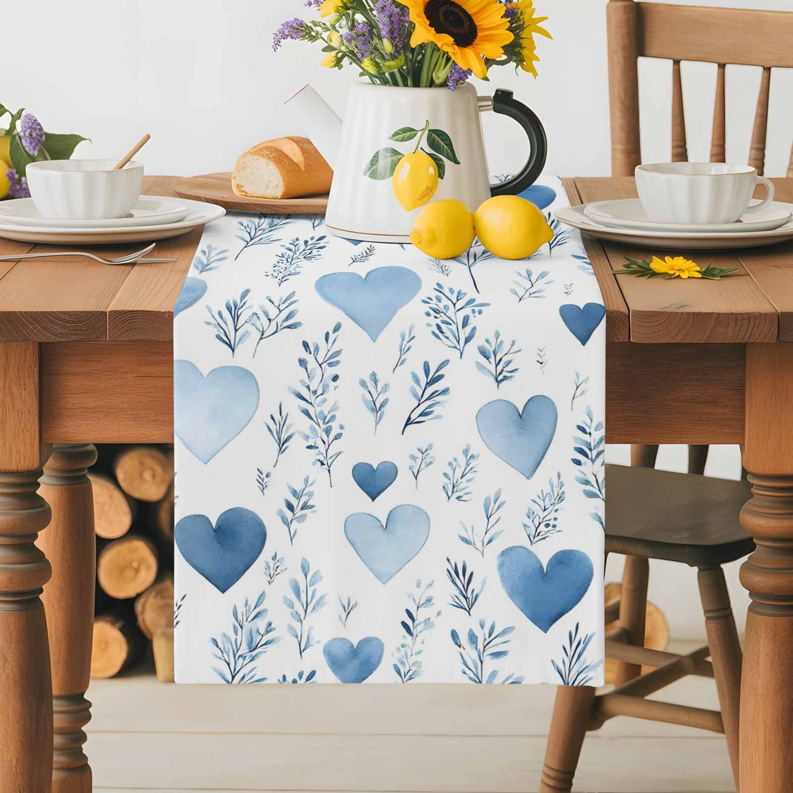 Valentine's Day Table Runner, Watercolor Blue Love Heart Leaf Washable Kitchen Table Runners Dress Scarves for Dining Table Decorations Party, 13x108in