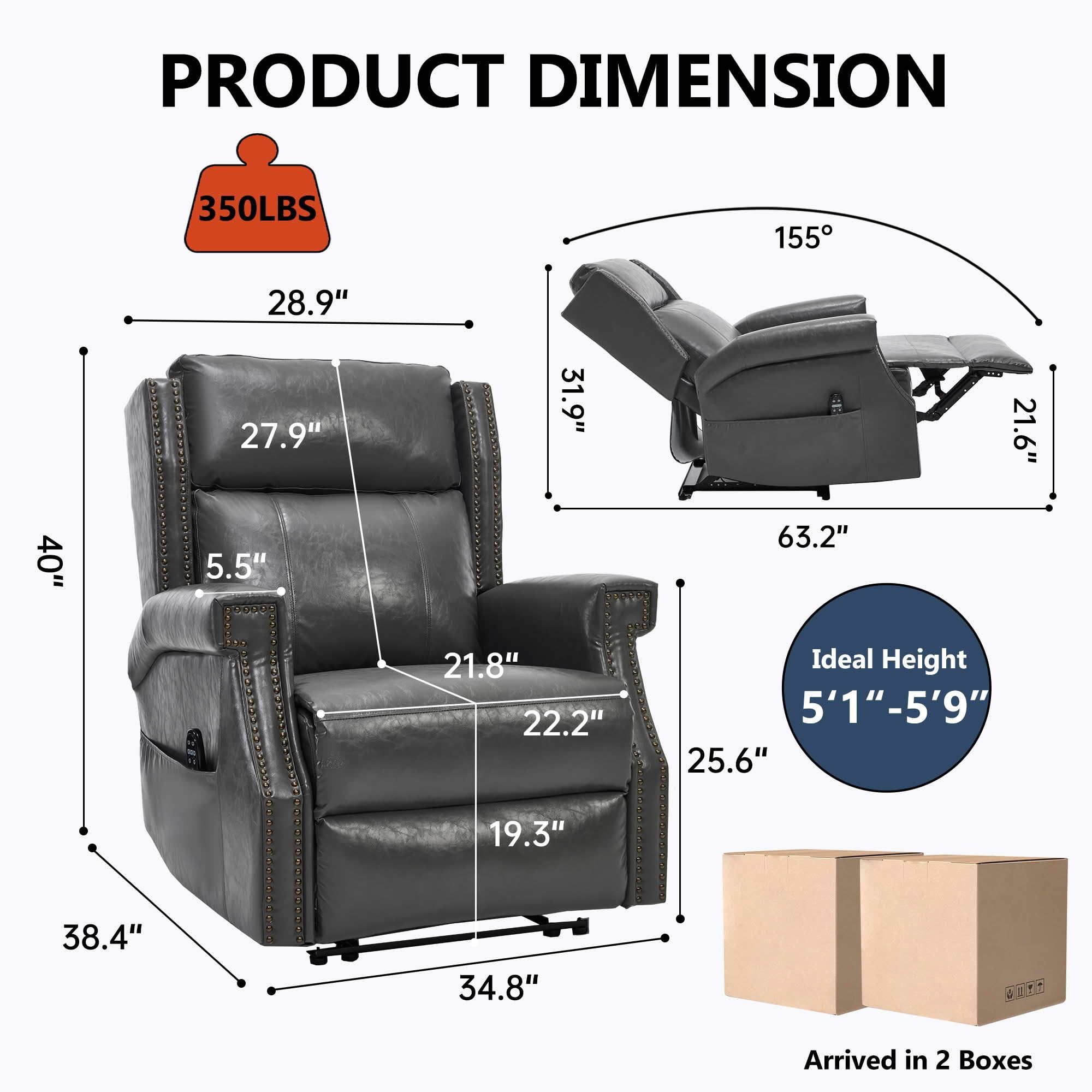 MAYEERTY Gray Faux Leather Manual Recliner Chair, 8 Nodes Massage Heat 155° 35"x38"x40" for Living Room