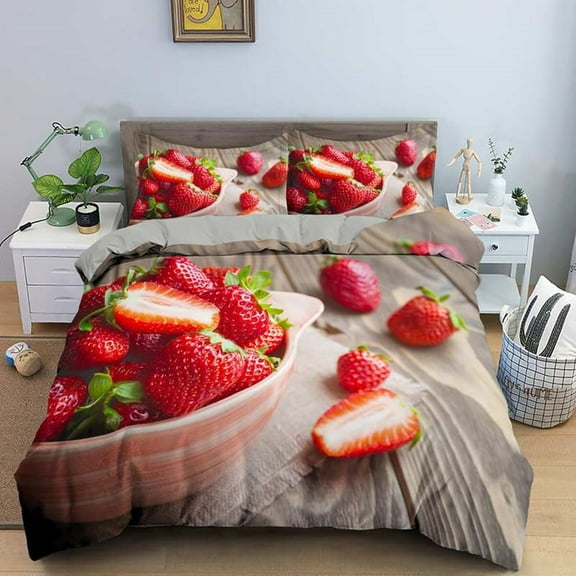 Red Strawberry Pink Lovely Summer Fruit Tree Leaf Duvet Cover for Children Gifts Room Decorations P