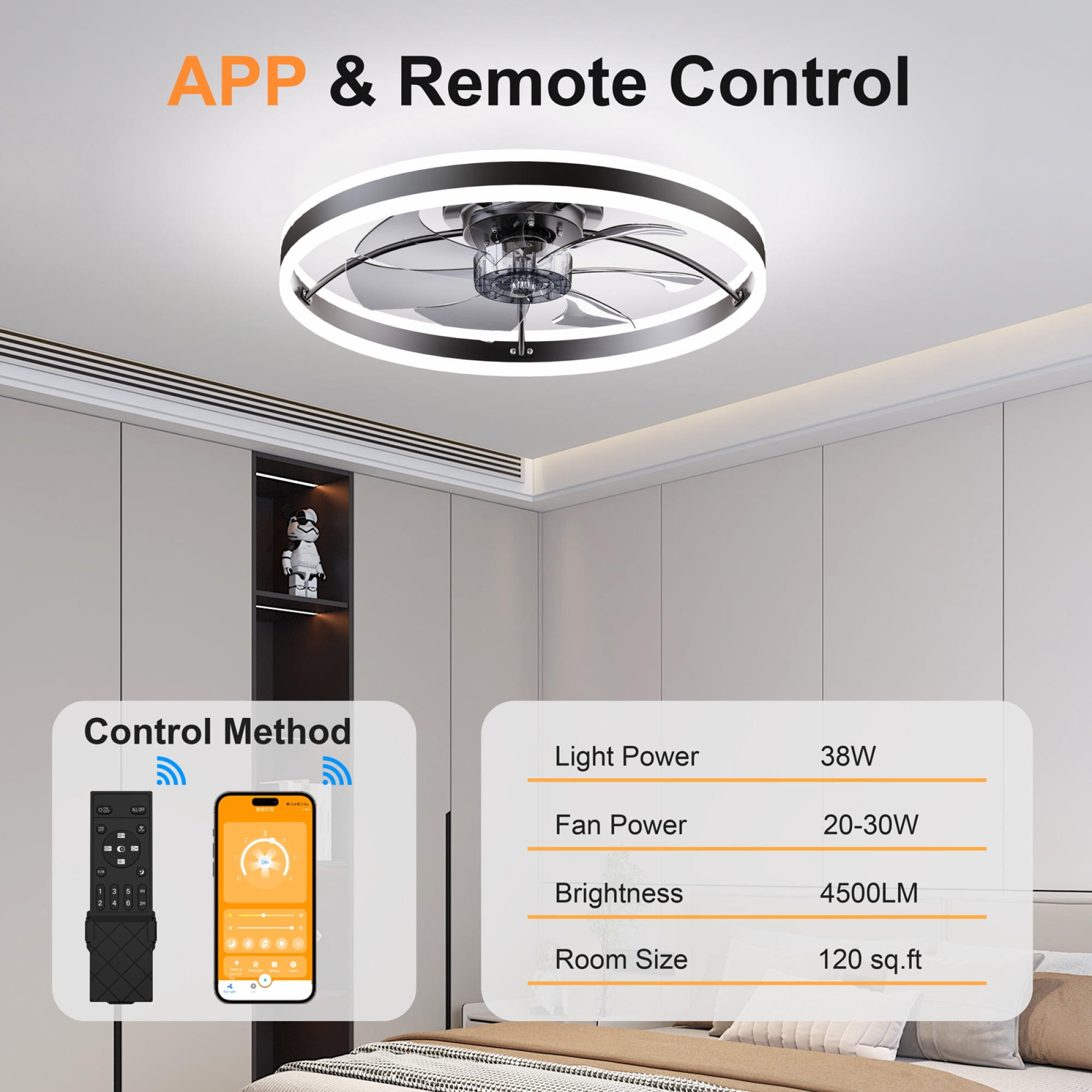 Leumius 23.6"Smart Ceiling Fan with LED Light, 7 Blades Modern Metal Design, 6-Speed Quiet DC Motor, APP & Remote Control, Dimmable Light 3000K-6500K for Living Room Bedroom Black