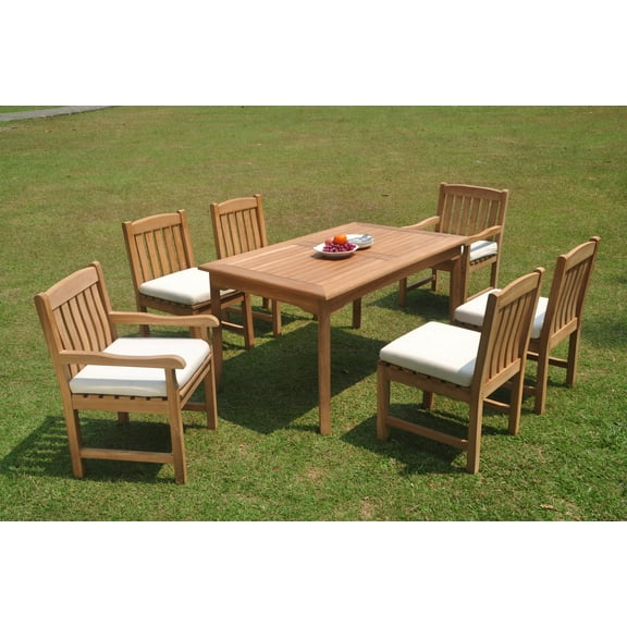 Grade-A Teak Dining Set: 6 Seater 7 Pc: 71" Rectangle Table And 6 Devon Chairs (2 Arm & 4 Armless Chairs) Outdoor Patio WholesaleTeak #WMDV34