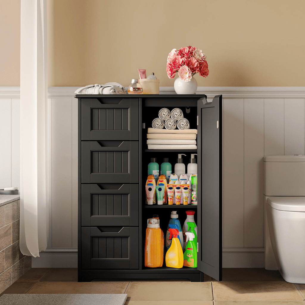 Aiho Wooden Kitchen Pantry Cabinet, 31.5"L Kitchen Storage Cabinets with 4 Drawers, 1 Door and Adjustable Shelves, For Kicchen, Dining Room, Livingroom, Bathroom - BLack
