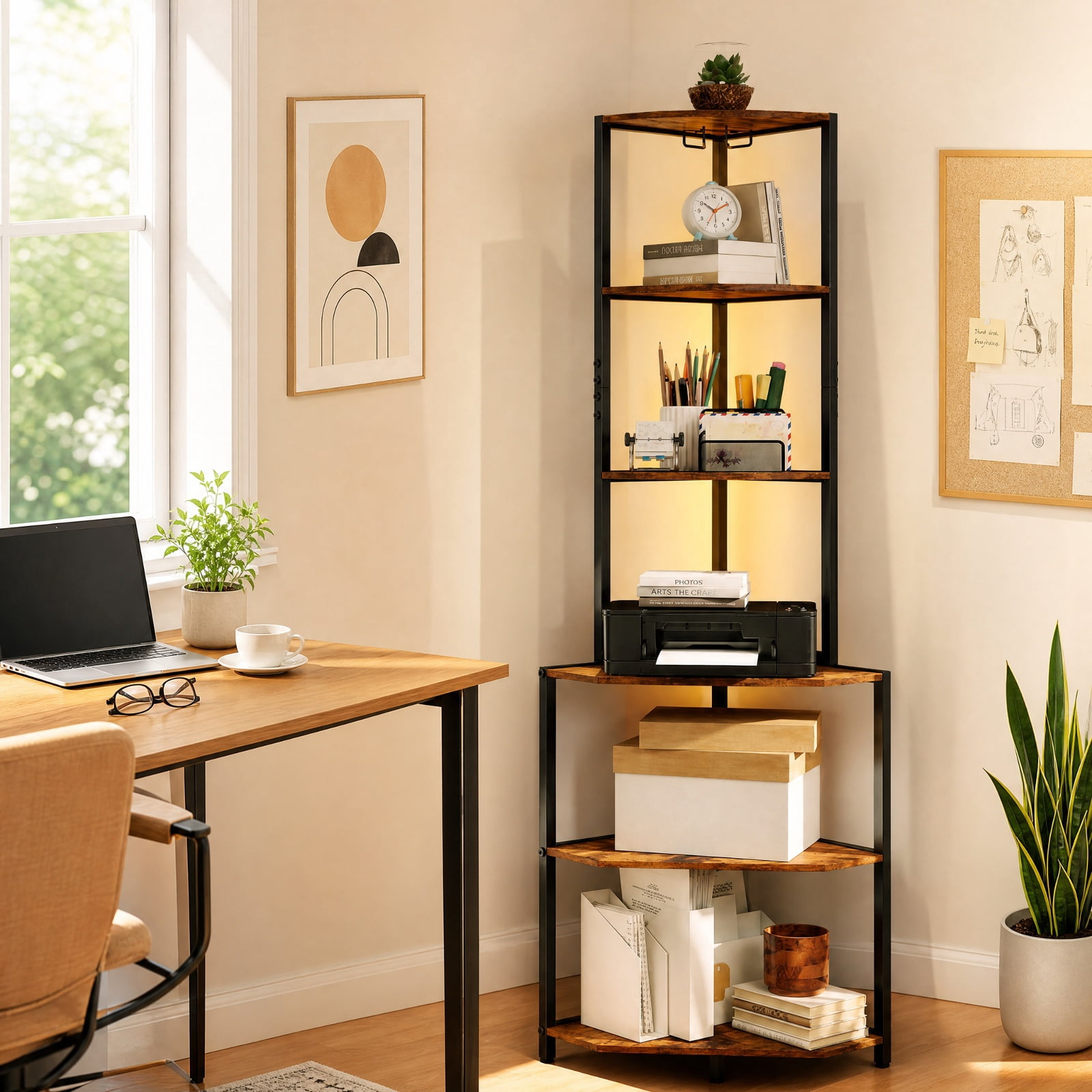 Furnibear 65 Inch 6-Tier Corner Shelf with Charging Station and Ambience Light for Living Room Home Office Bedroom Display Storage Shelf, Rustic Brown