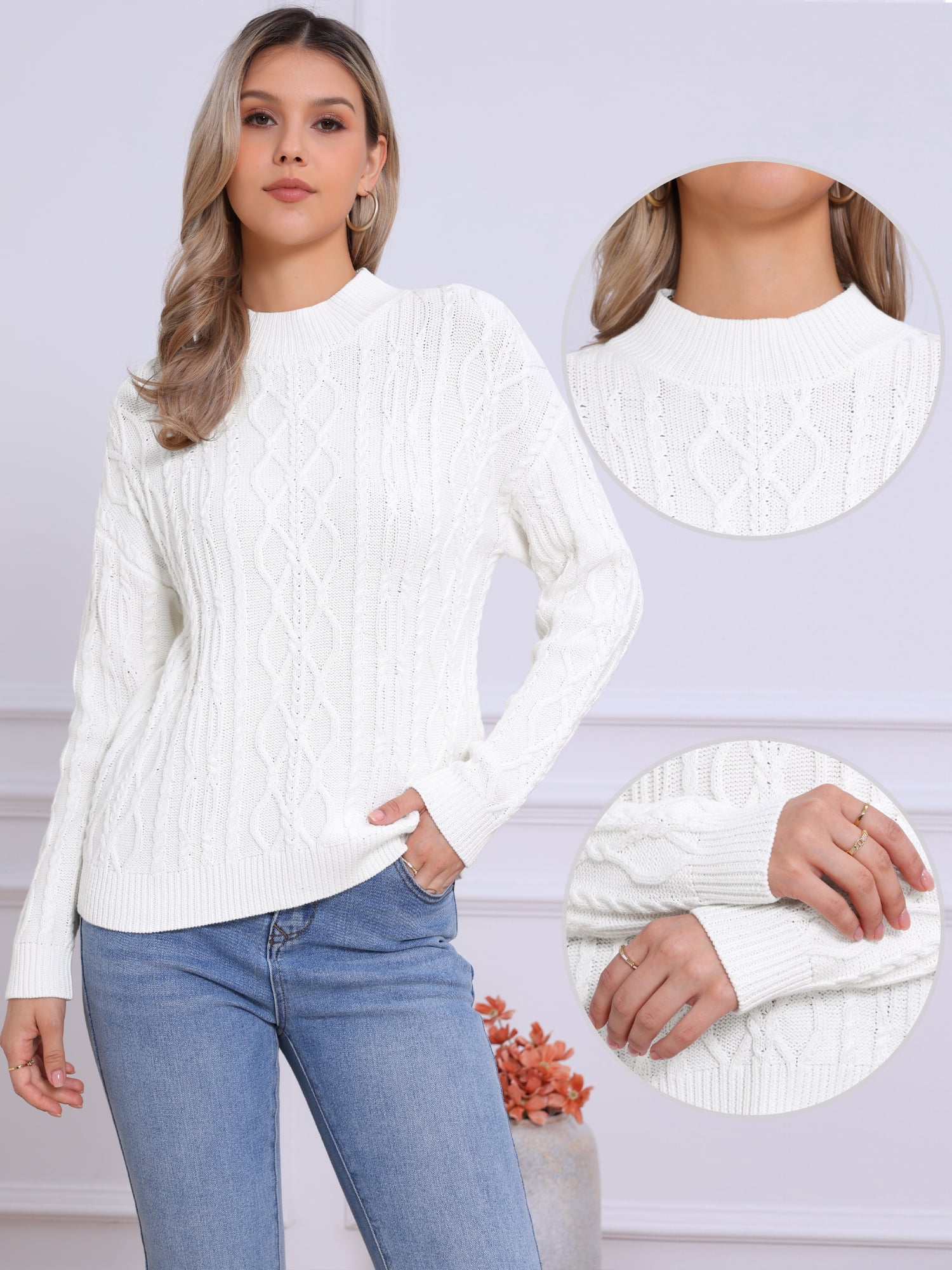 DARING DIVA Women's Cable Vintage Woven Crewneck Pullover Knitted Tops M White