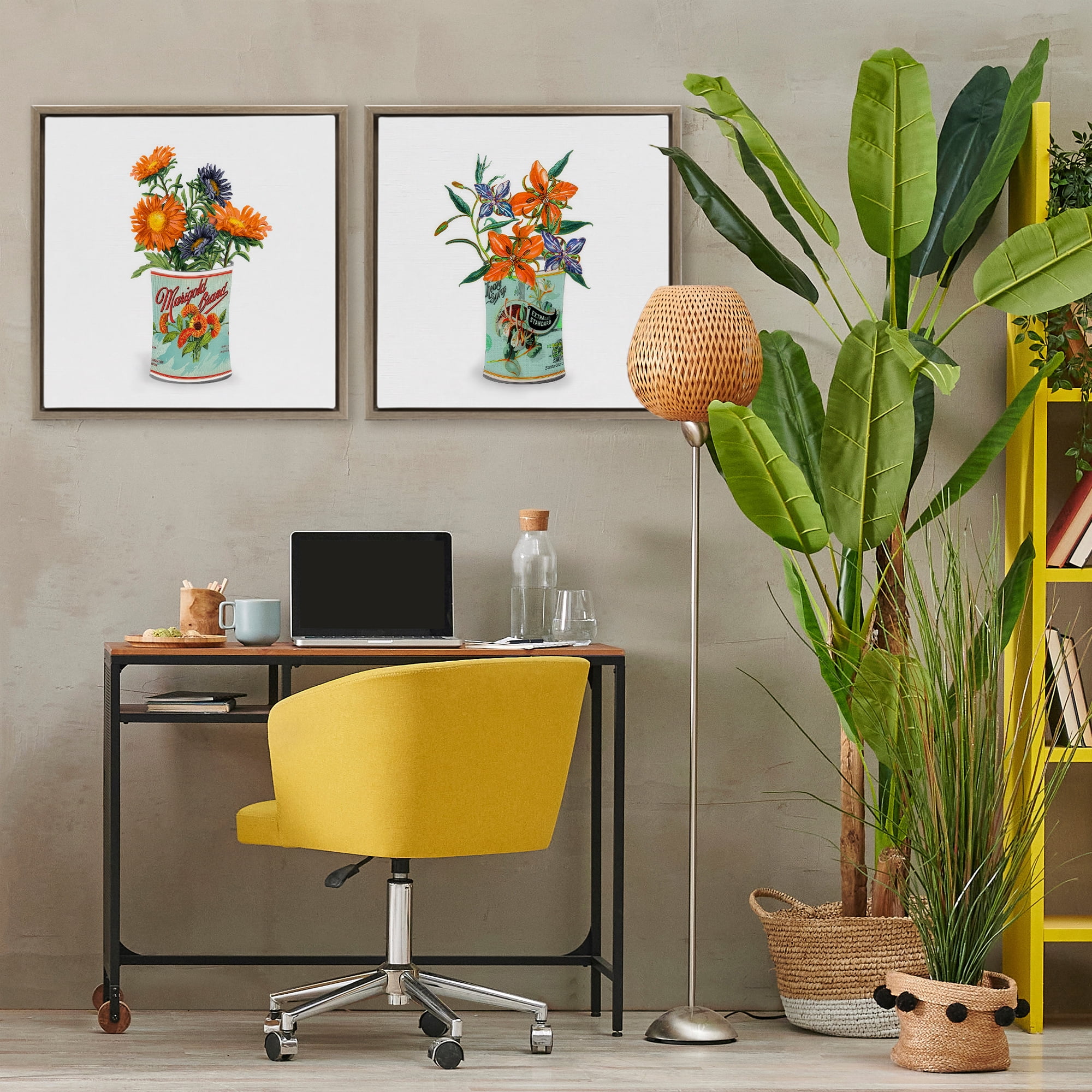 Stupell Industries Nostalgic Marigold & Lily Bouquets 2 Piece Brown Framed Floater Canvas Set, design by Val Rhodes