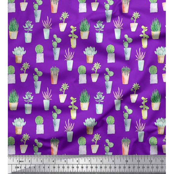 Soimoi Purple Cotton Duck Fabric Cactus Leaves Print Fabric by the Yard 42 Inch Wide