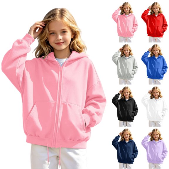 Girls Solid Color Full Zip Hooded Sweatshirt, Kids Zip‑Up Hoodie Jacket, Loose Fit Casual Outerwear Tops for Autumn Winter Daily School Outdoor Travel Wear(Pink,7-8 Years)