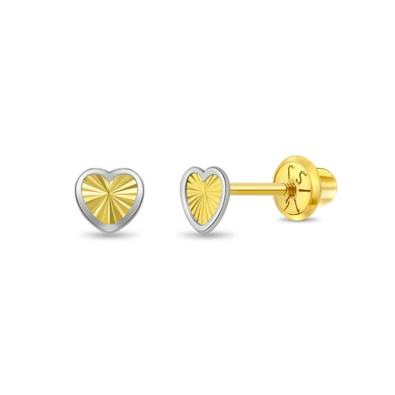 14k Gold Diamond Cut Heart Toddler / Kids / Girls Earrings Safety Screw Back