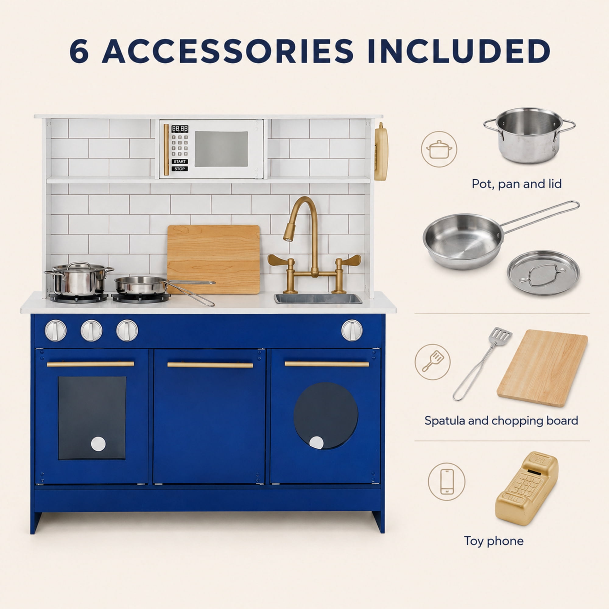 Teamson Kids Blue Wooden Kitchen Play Set with Gold Hardware, Subway Tile Backsplash and Pretend Play Cookware Accessories - Little Chef Berlin Modern