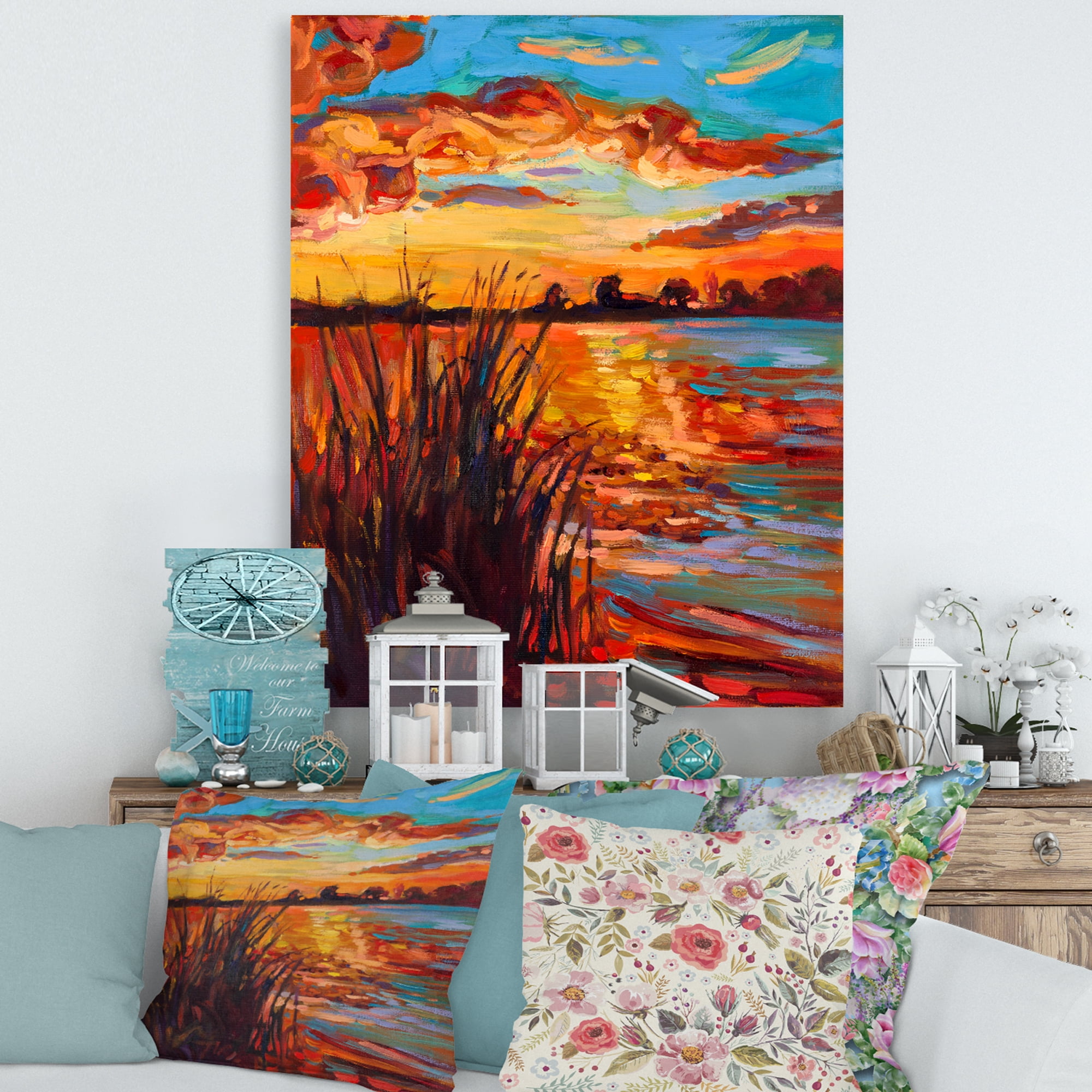 Designart ' The Lake At Sunset Evening Glow I ' Nautical & Coastal Canvas Wall Art Print