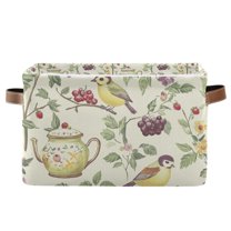Yayeee Canvas Storage Basket with Handles for Shelves Fabric Bins Closet Organizer, Purple Birds Teapots