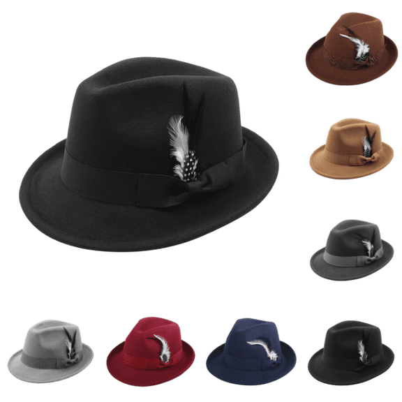 OIOLOYJM Fedora Hats for Men Casual Classic Short Brim Felt Hat with Feathers Band Fashion Outdoor Dress Work Trilby Hats Black