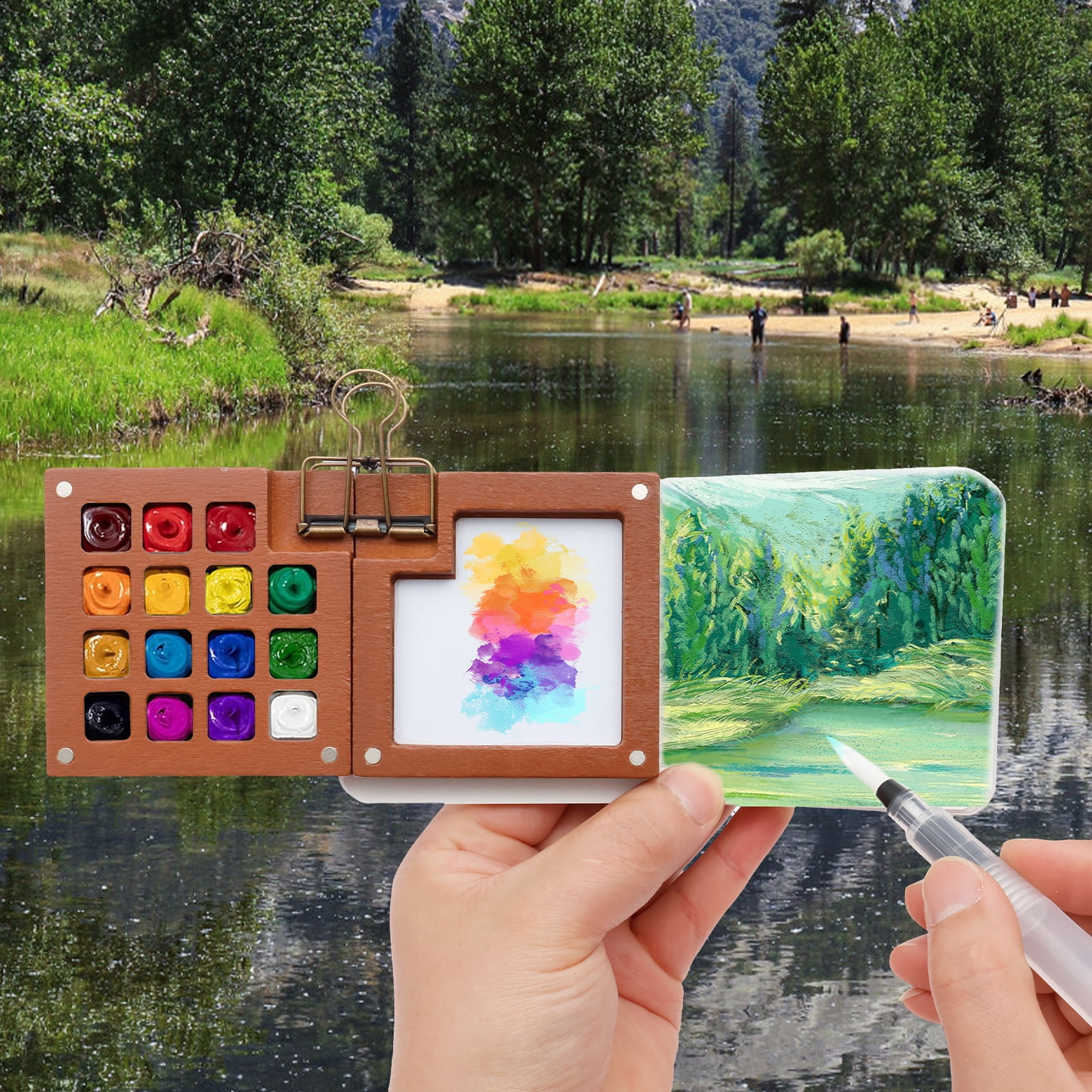 Mini Watercolor Paint Travel Set 24 Colors Pocket Palette With Sketchbook Brush (blue )