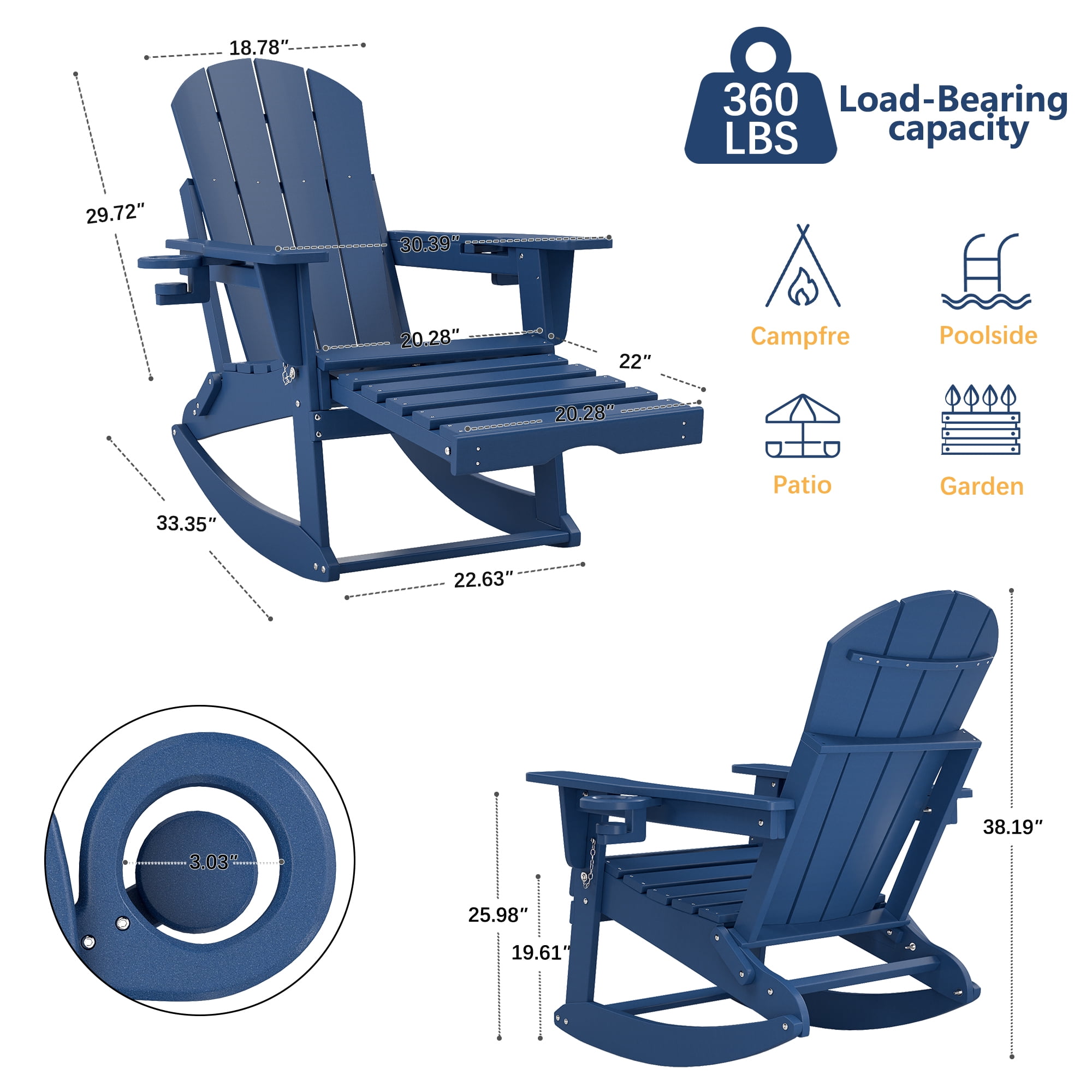FOOWIN HDPE Plastic Rocking Adirondack Chair Set of 2, Folding Rocking Chairs for Patio Porch Rocker Chair, Blue