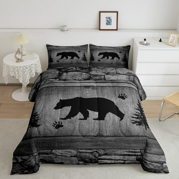 Rustic Bear Comforter Set King Size,Black Trees Deer Paw Print Down Comforter,Grey Wooden Plank Bedding Set Bedroom Decor Animal Duvet Insert