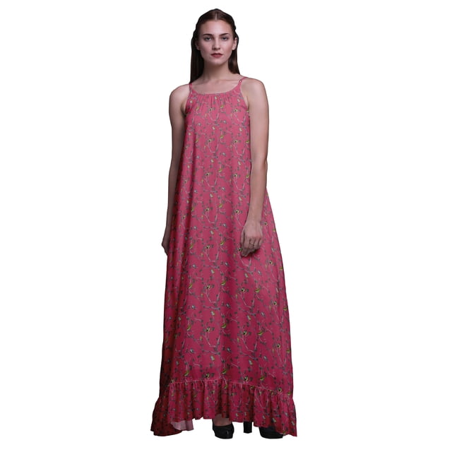 Bimba Robe de Nuit Imprimée Feuilles d'Oiseau & Flycather Rose4 pour Femmes Longue Robe Maxi à Bretelles Spaghetti Vêtements de Nuit Grande