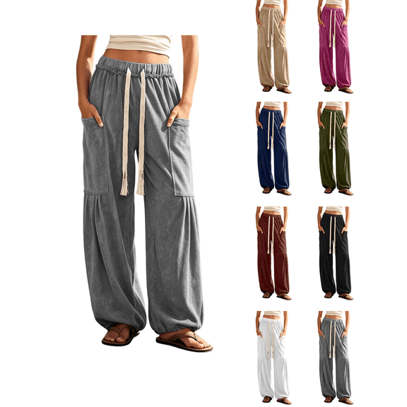 Zynoxe Wide Leg Sweatpants for Women Fashion Solid Color Womens Sweatpants Elastic Waist Drawstring Lounge Pants Comfort Lightweight Full Length Pants with Side Pockets S