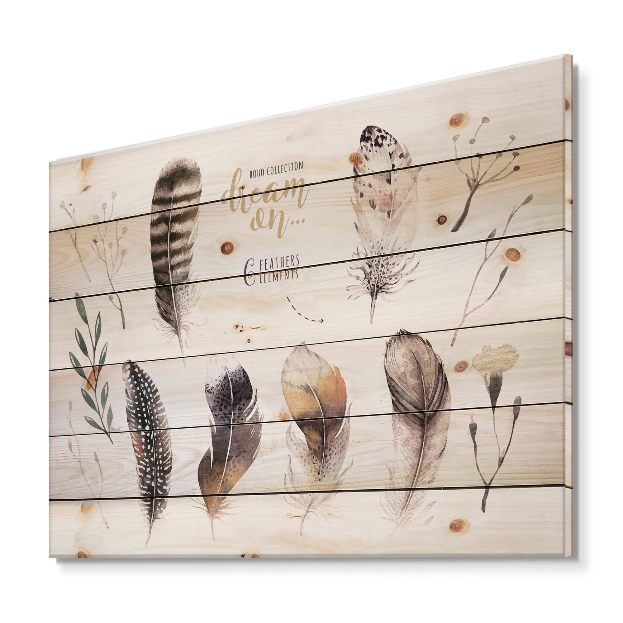 Designart 'VIbrant Orange Boho Feathers' Bohemian & Eclectic Print on Natural Pine Wood