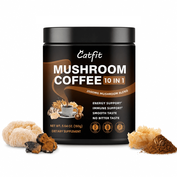 Mushroom Coffee Powder 2000 mg, 10-in-1 Mushroom Supplement 5.64 oz, by Catfit