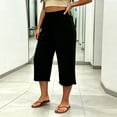 thumbnail image 5 of Women's Plus Size Wide Leg Pants with Pockets, Mid Elastic Waist Loose Fit, Solid Color Drawstring, Summer Casual Beach Business, Capri Pants Cropped | VerBelle,Black L, 5 of 8