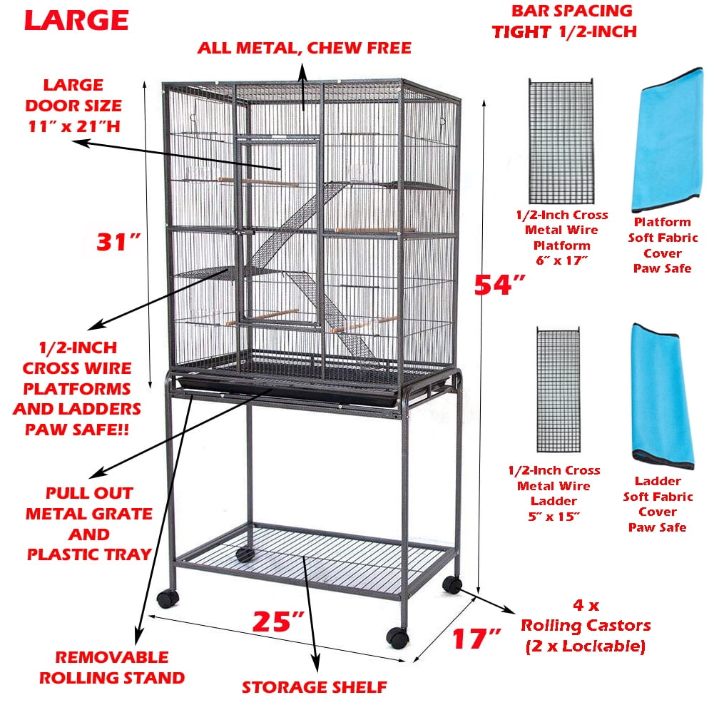 54" LARGE Wrought Iron 3-Levels Metal Chew-Proof Ferret Chinchilla Sugar Glider Rats Mice Rabbit Squirrel Hamster Mouse Cage Easy Clean Pull Grate Tray with Removable Rolling Stand