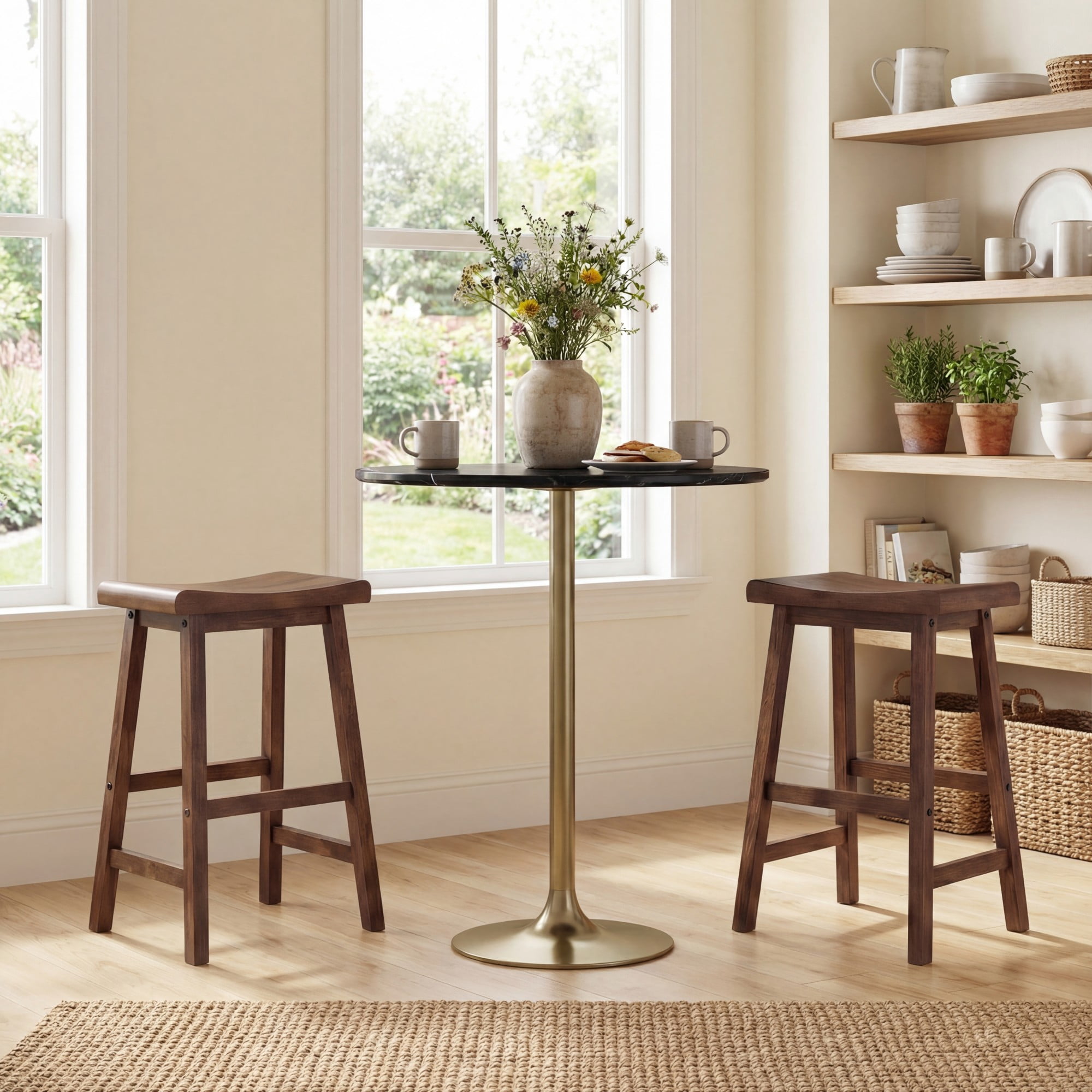 ELLEGNT 2 PCS Solid Wood Saddle Bar Stools - Backless with Footrests, Wooden Counter Stools Brown