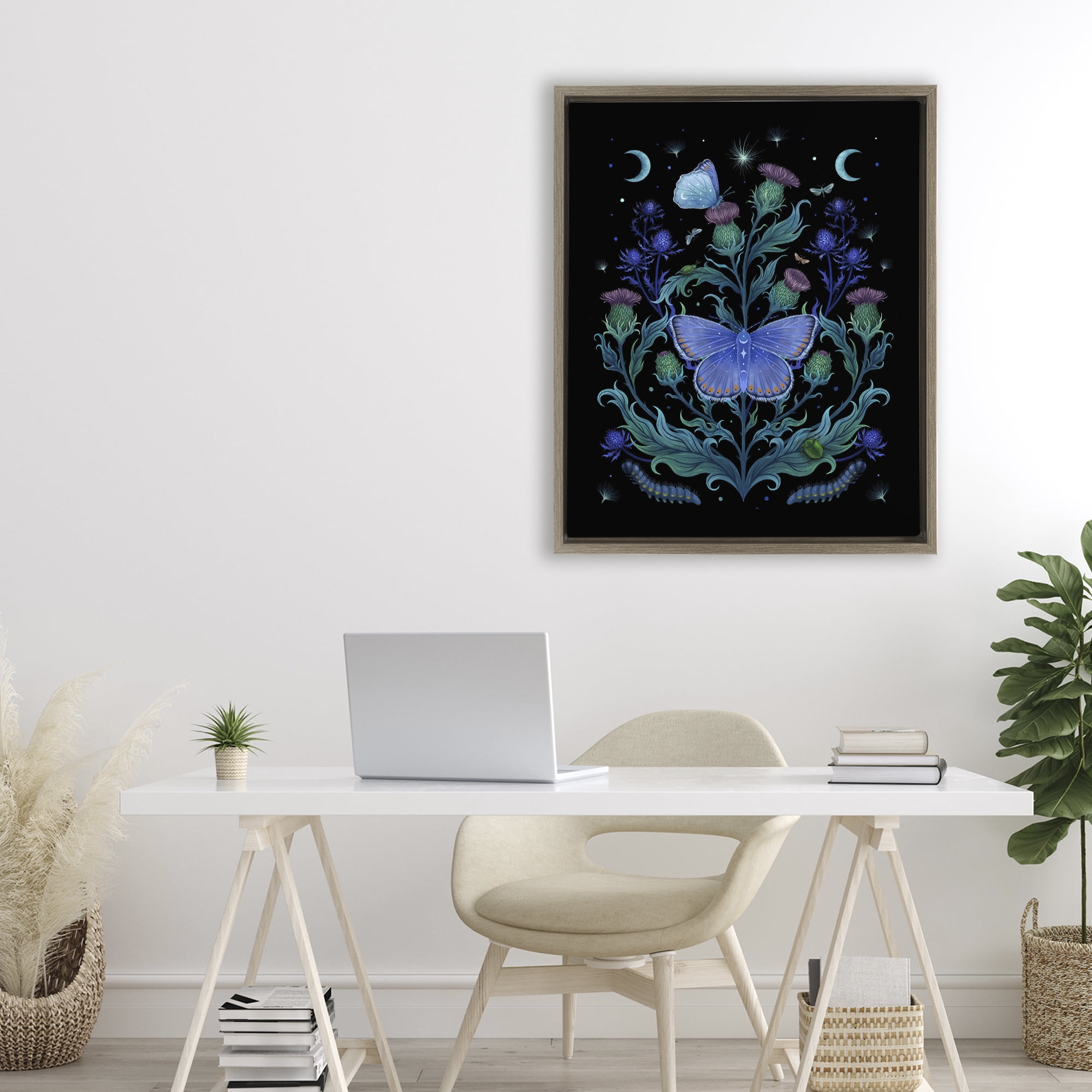 Stupell Industries Thistles & Insects at Night Brown Framed Floater Canvas Wall Art, design by Episodic Drawings