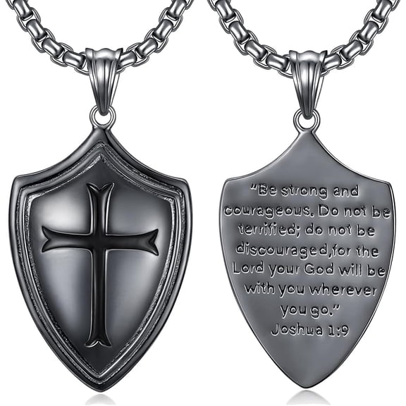 SOULMEET Sterling Silver Knights Templar Cross Joshua 1:9 Shield Pendant Necklace with 22 2 inch Stainless Steel Chain Men's Verse Bible Armor of God Necklace