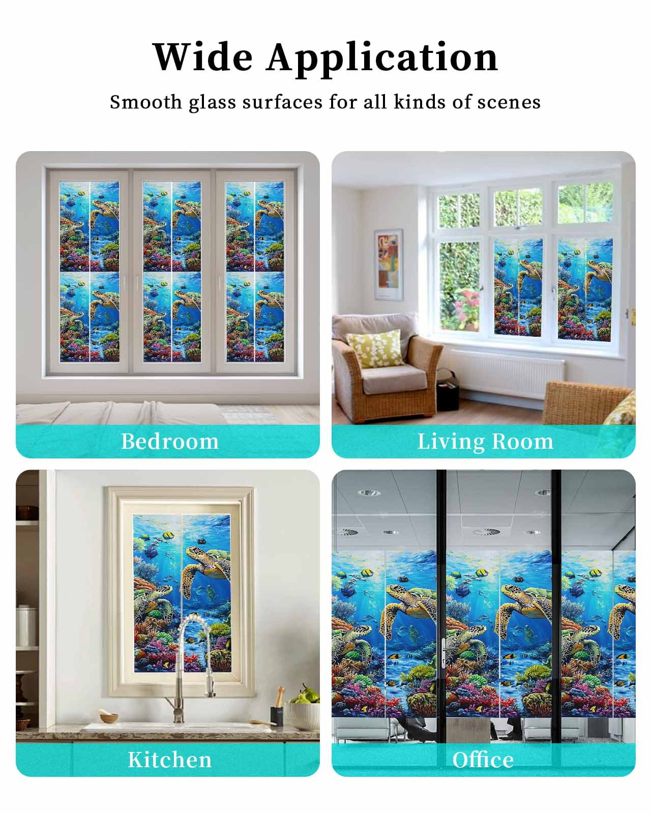 Window Privacy Film Blue Sea Turtle Ocean Stained Glass Window Film Decorative Sun Block Window Cover Colorful Coral Sea Underwater Window Clings Static Adhesive Sticker for Bathroom 23.6"x59"