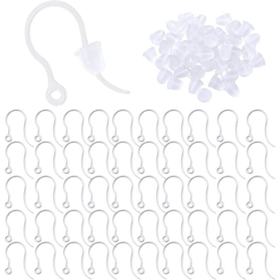 50pcs Plastic Earring Hooks Safety Non-Allergenic Earring Hooks Ear Wire Hooks with 100pcs Clear Bullet Earrings Backs for DIY Jewelry Earrings Making