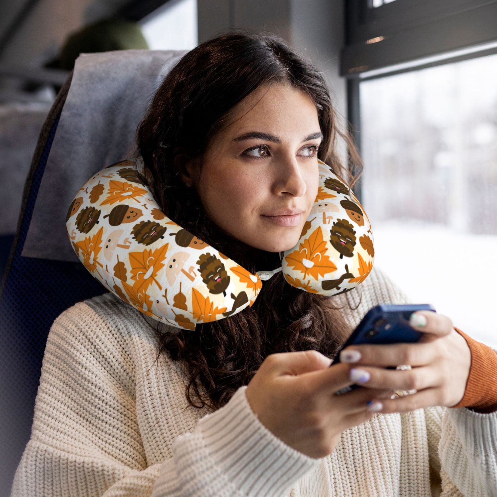 Xecao Autumn Woodland Characters Print Memory Foam Cervical Neck Pillow Versatile U-Shaped Pillows for Home,Office,Camping,Travelling,Soft Washable Cover