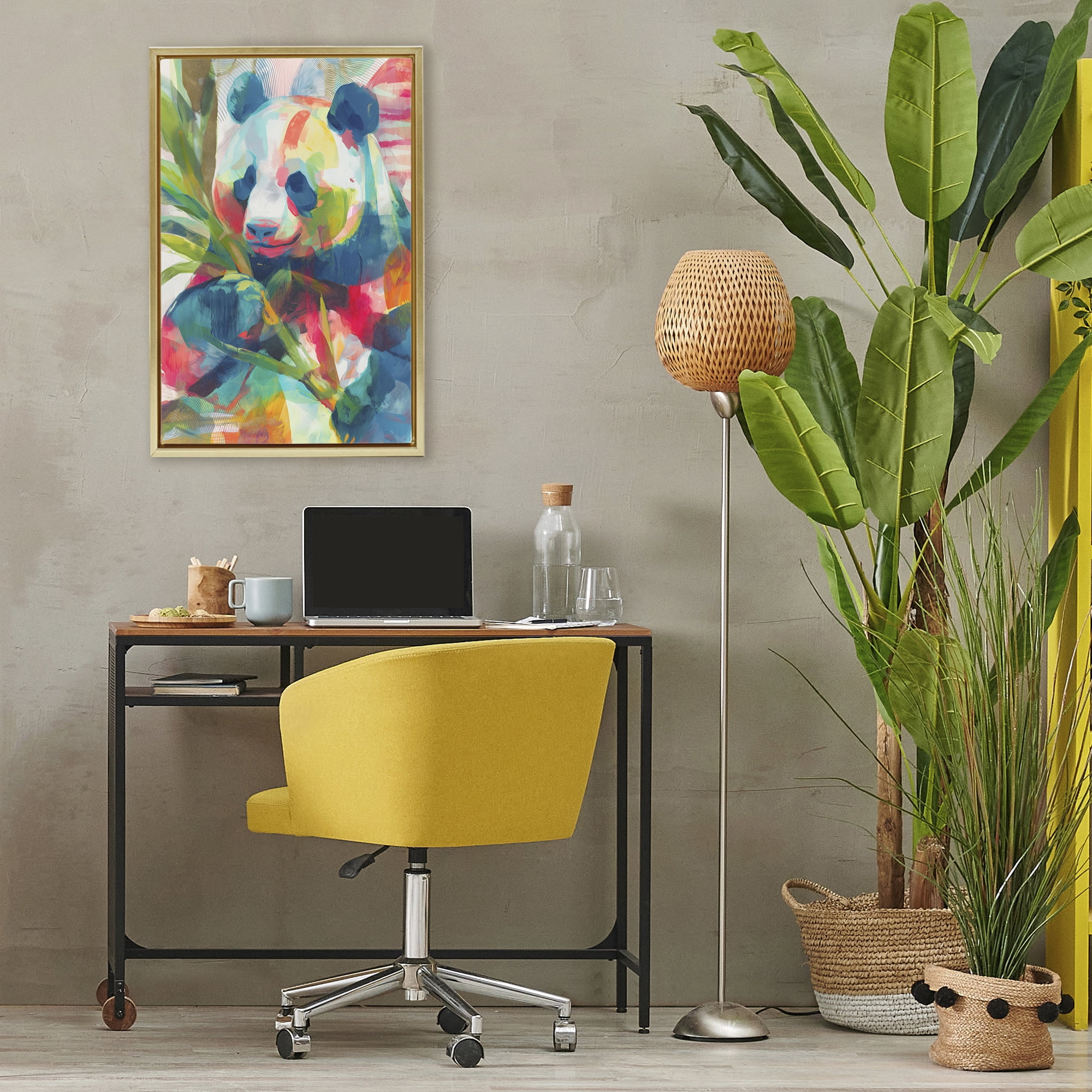Stupell Industries Expressive Panda In Bloom Gold Framed Floater Canvas Wall Art, design by Chromatic Storm Studio