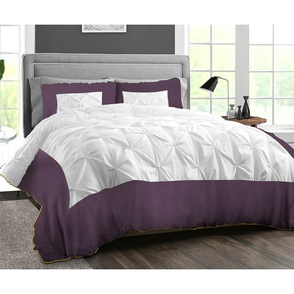 King Comforter Dual Tone Half Pinch Plum Luxurious Collection Microfiber Fill Duvet Insert Box Stiched Quilted Fluffy Soft All Season Comforter with Pillowcases & Premium Piping
