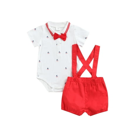 

Franhais Baby Boy s Two-Piece Suit Sailboat Print Short Sleeve Lapel Bowknot Bodysuit + Suspender Shorts