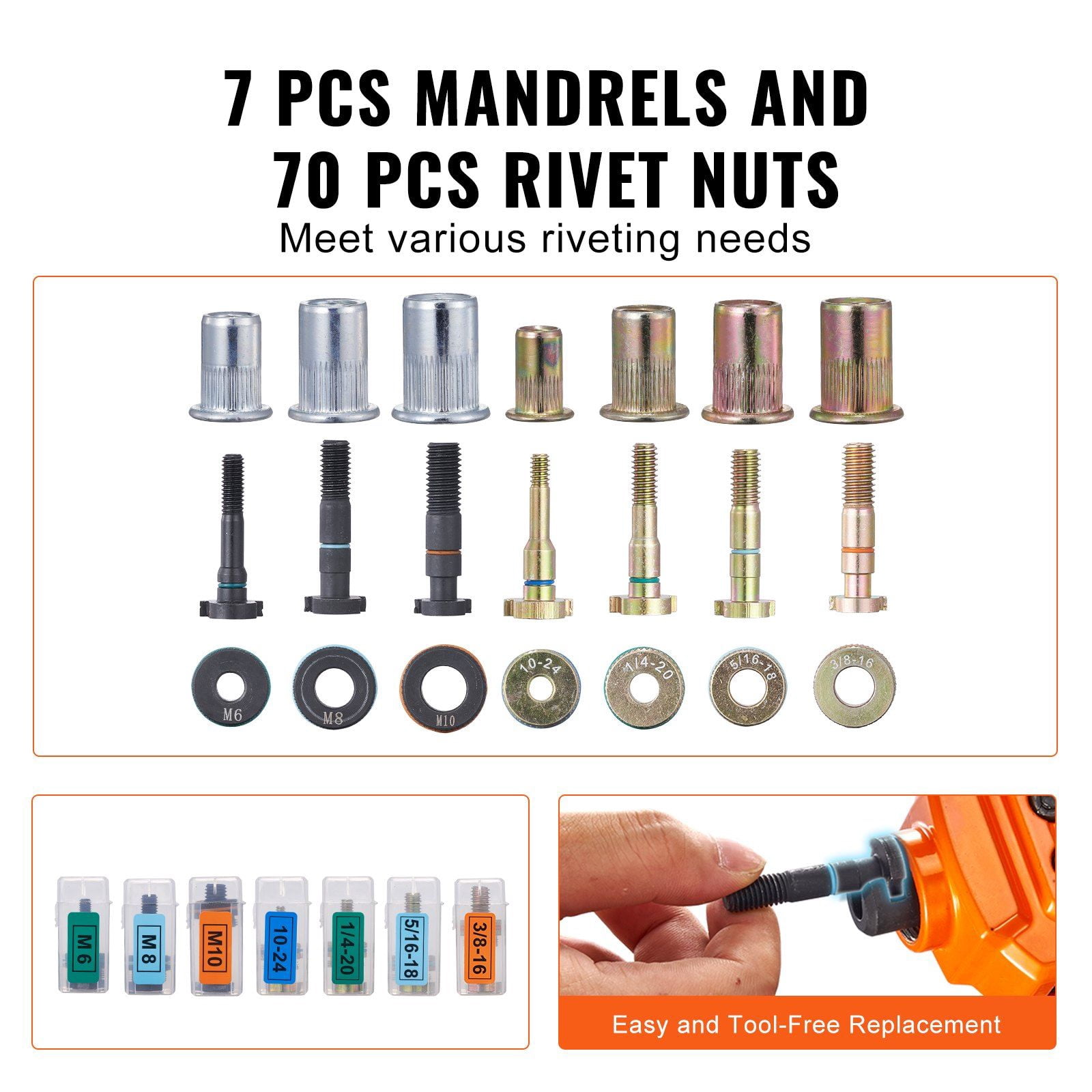 14' Rivet Nut Tool Kit with 70 PCS Assorted Metric & SAE Rivet Nuts, 7 Mandrels – for M6, M8, M10, 10-24, 1/4-20, 5/16-18, 3/8-16 – Durable Carry Case