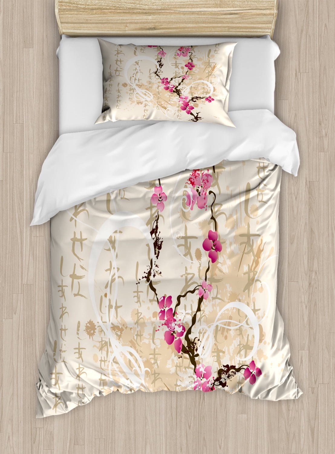 Cherry Blossom Twin Size Duvet Cover Set, Painting Style Japanese