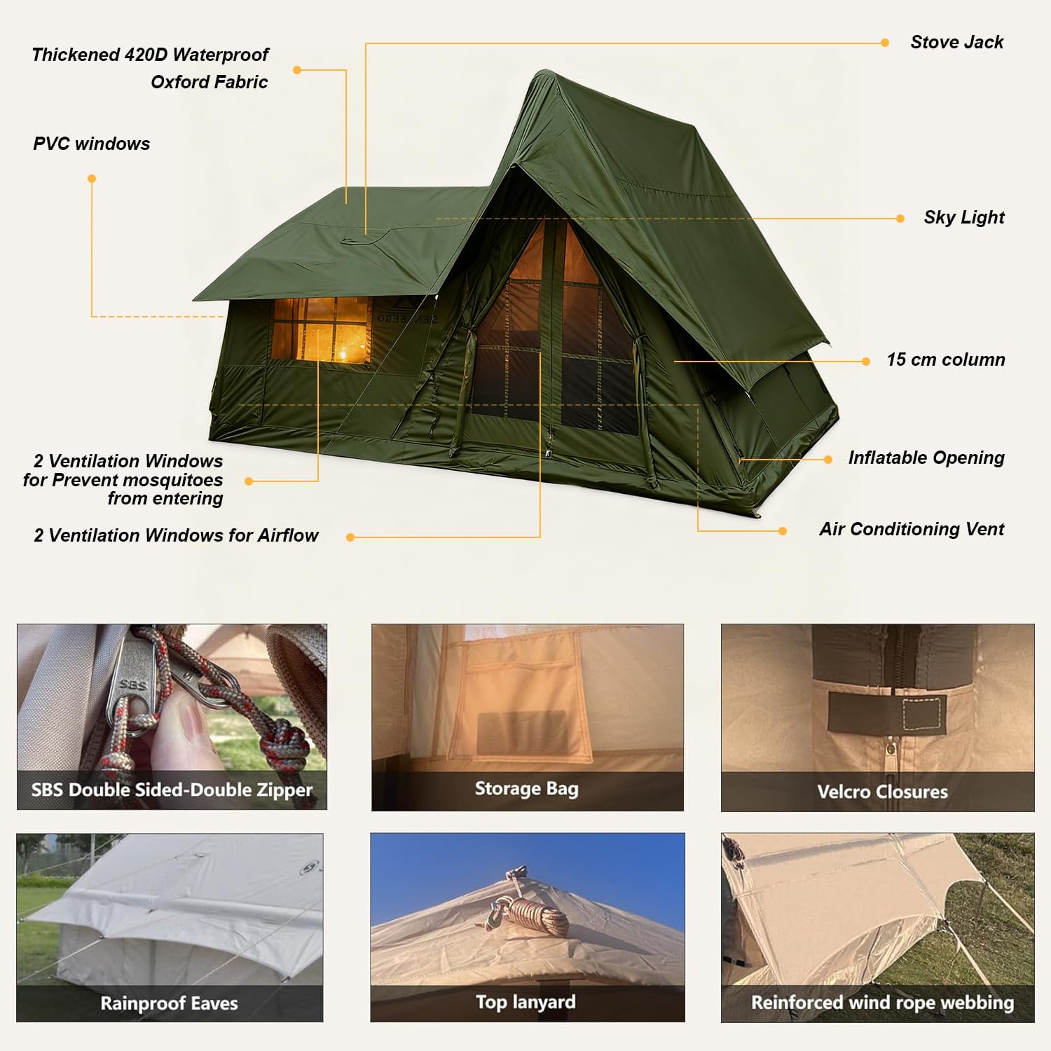 Large Inflatable Tent for 8-10 Person - 135 SQFT Inflatable Cabin Tents for Camping Instant Setup Blow up Tent 4 Season Waterproof Inflatable Tents with Stove Jack