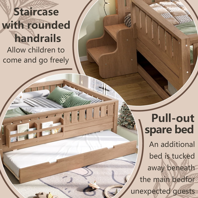 Full Size Low-Profile Kid's Platform Bed with Built-in Bookshelves & Small Staircase, Wooden Bed Frame with Safety Rails & Trundle