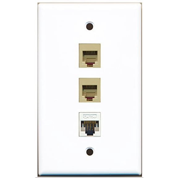 RiteAV - 2 Port Phone RJ11 RJ12 Beige and 1 Port Cat5e Ethernet White Wall Plate