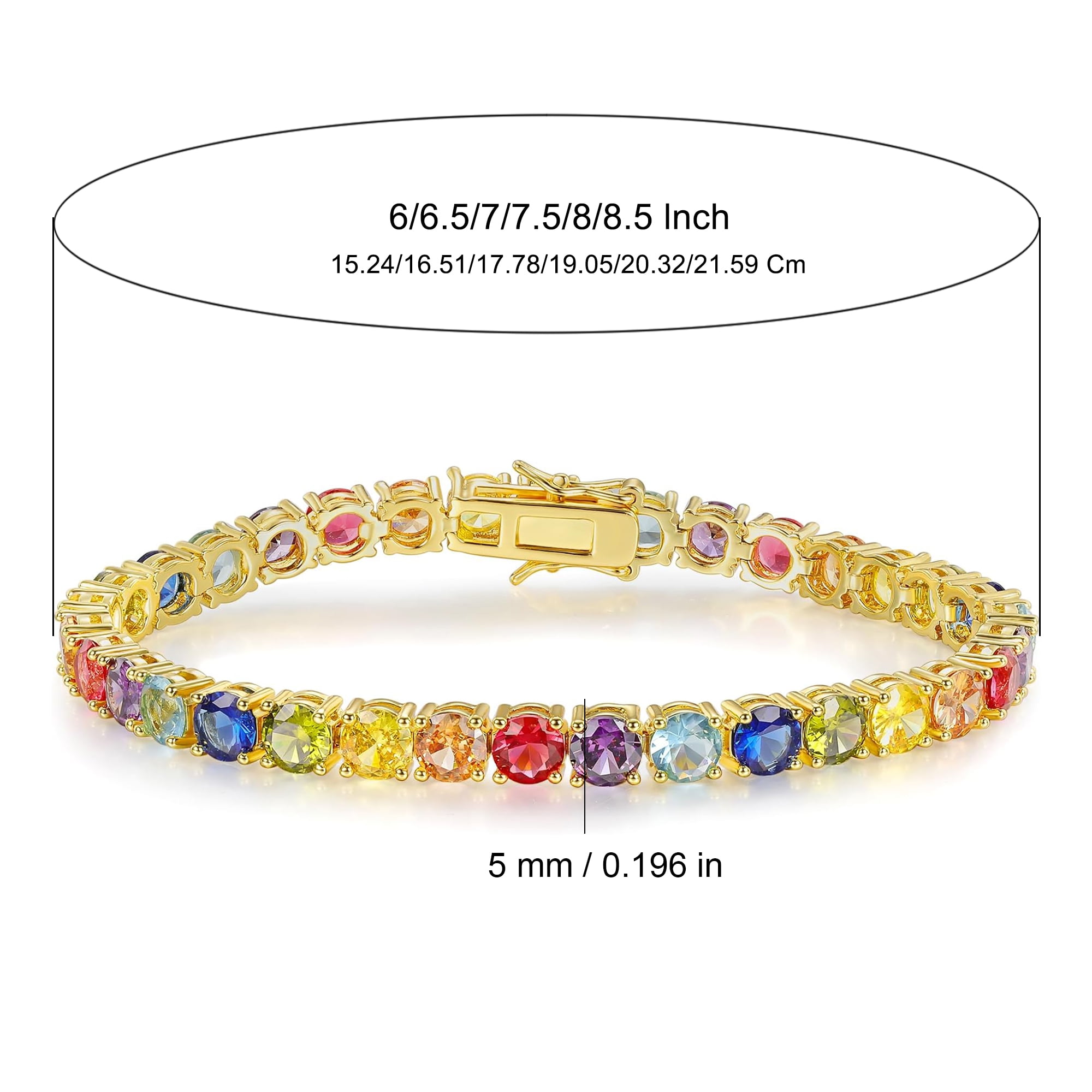 GEMSME Women Bracelet 18K Yellow Gold Plated 5.0 Round Colorful Cubic Zirconia Classic Tennis Bracelet for Women Men 8 Inch
