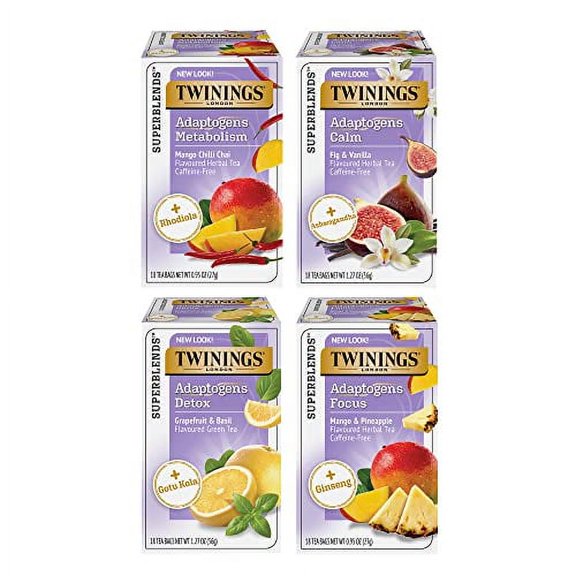 Twinings Superblends Adaptogens Wellness Teas, Flavoured Herbal & Green Tea Variety Sampler Pack, 18 Count (Pack of 4)