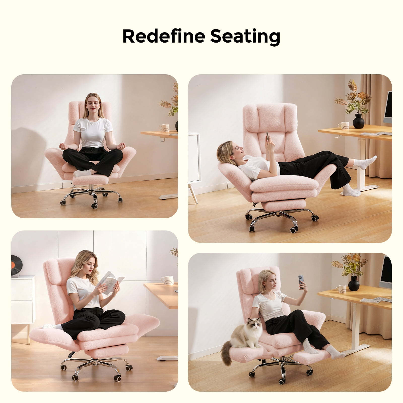 Big and Tall Office Chair, Cloud Plush Swivel Desk Chair with 6-Level Adjustable Armrests, Home Ergonomic Executive Office Chair for Work, Gaming, Pink