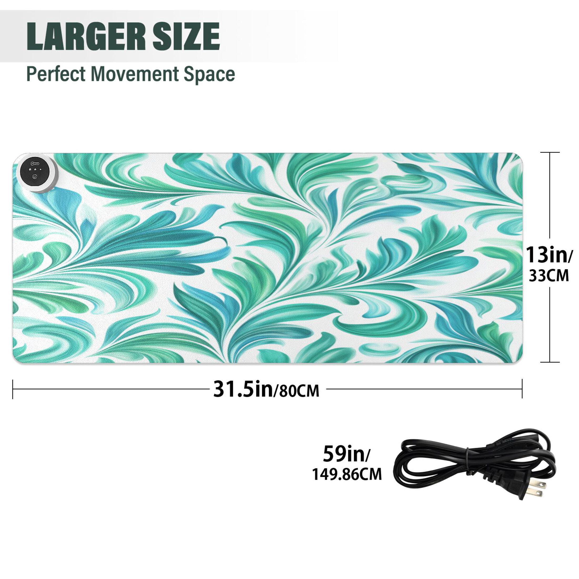 Large Heated Desk Mat Mouse Pad 31.5"x13"PU Leather Graphene Heating Desk Warmer with 3 Temperature Settings 110V US Plug Non-Slip Warm Pad for Home, Office, and Gaming Teal Swirl Damask Pattern