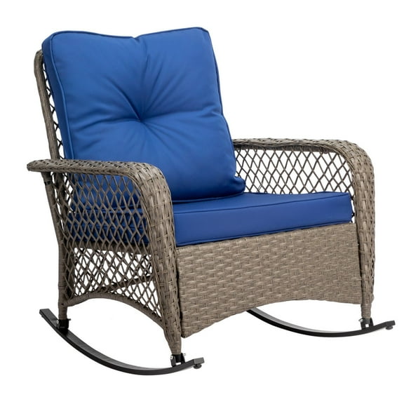 IVV Outdoor Rattan Rocking Chair with Cushions, All-Weather Wicker Patio Lounge Chair with Stainless Steel Frame for Porch, Garden, or Living Room (Gray/Blue)
