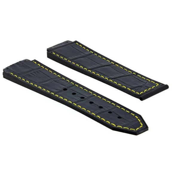 24MM ALLIGATOR LEATHER RUBBER BAND STRAP FOR HUBLOT BIG BANG BLACK YELLOW STITCH