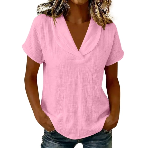 Ruimatai Women's Shawl Collar V-Neck Rolled Cuff Short Sleeve Loose Fit Casual Tops for Women Summer Everyday & Office Wear
